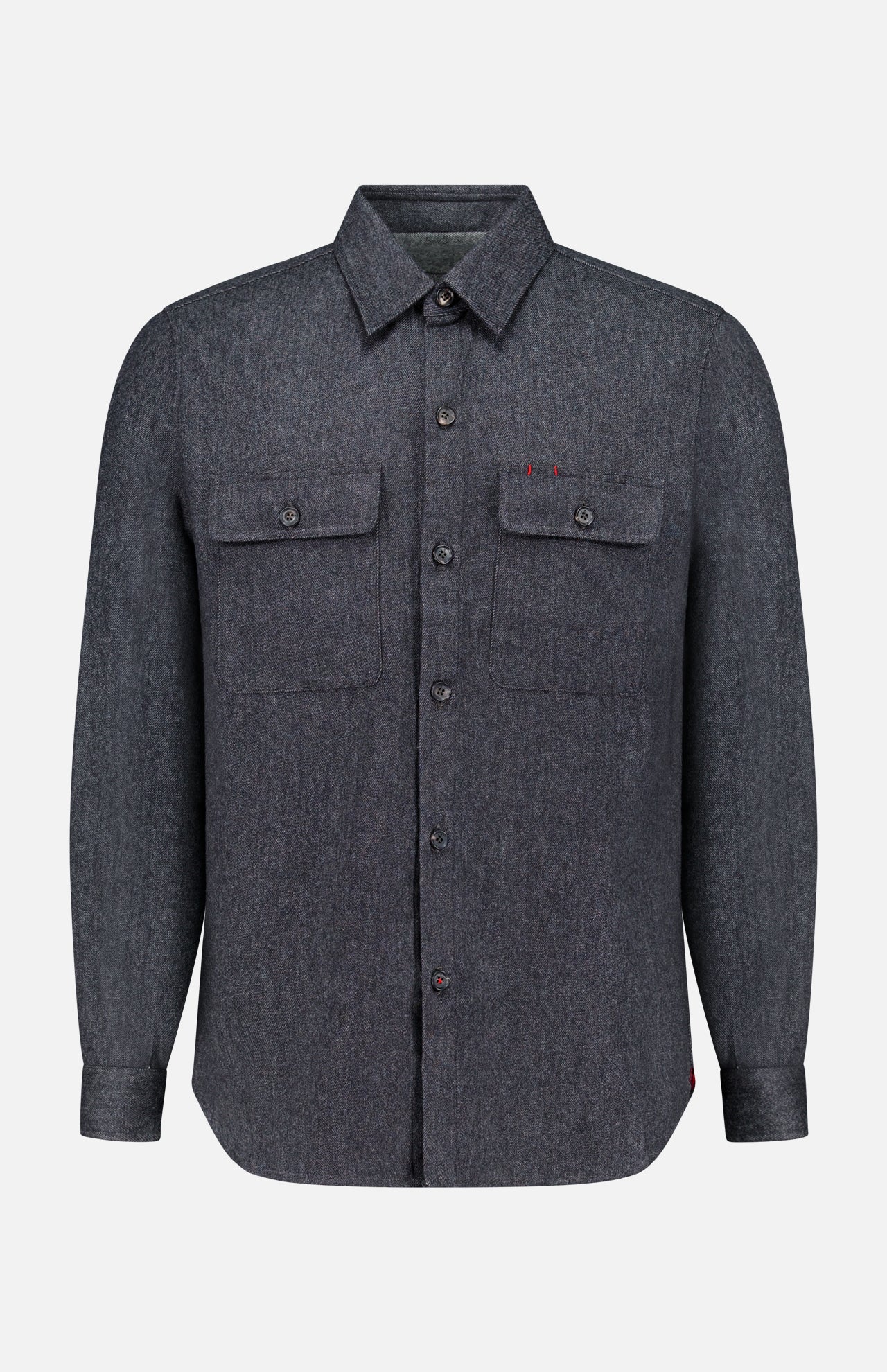 The ISAIA Cashmere Denim Effect Overshirt—a long-sleeve, button-up dark gray shirt featuring a collar and two chest pockets with buttoned flaps, crafted in luxurious cashmere for elevated men’s layering—is displayed on a plain white background.
