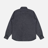 ISAIA’s Cashmere Denim Effect Overshirt, shown in a dark gray hue with long sleeves and a button-up design, is displayed flat with the back facing up against a plain white background, presenting an elegant option for luxury men’s layering.