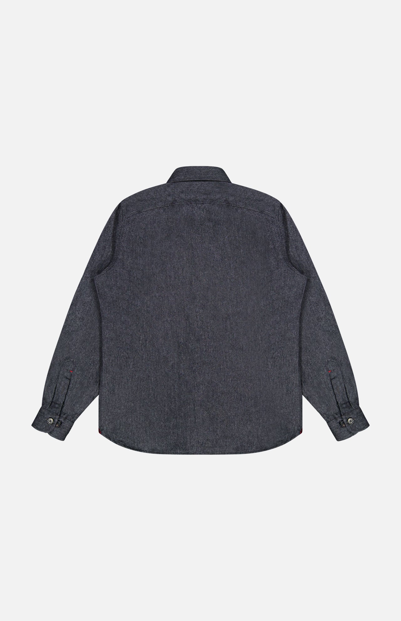 ISAIA’s Cashmere Denim Effect Overshirt, shown in a dark gray hue with long sleeves and a button-up design, is displayed flat with the back facing up against a plain white background, presenting an elegant option for luxury men’s layering.