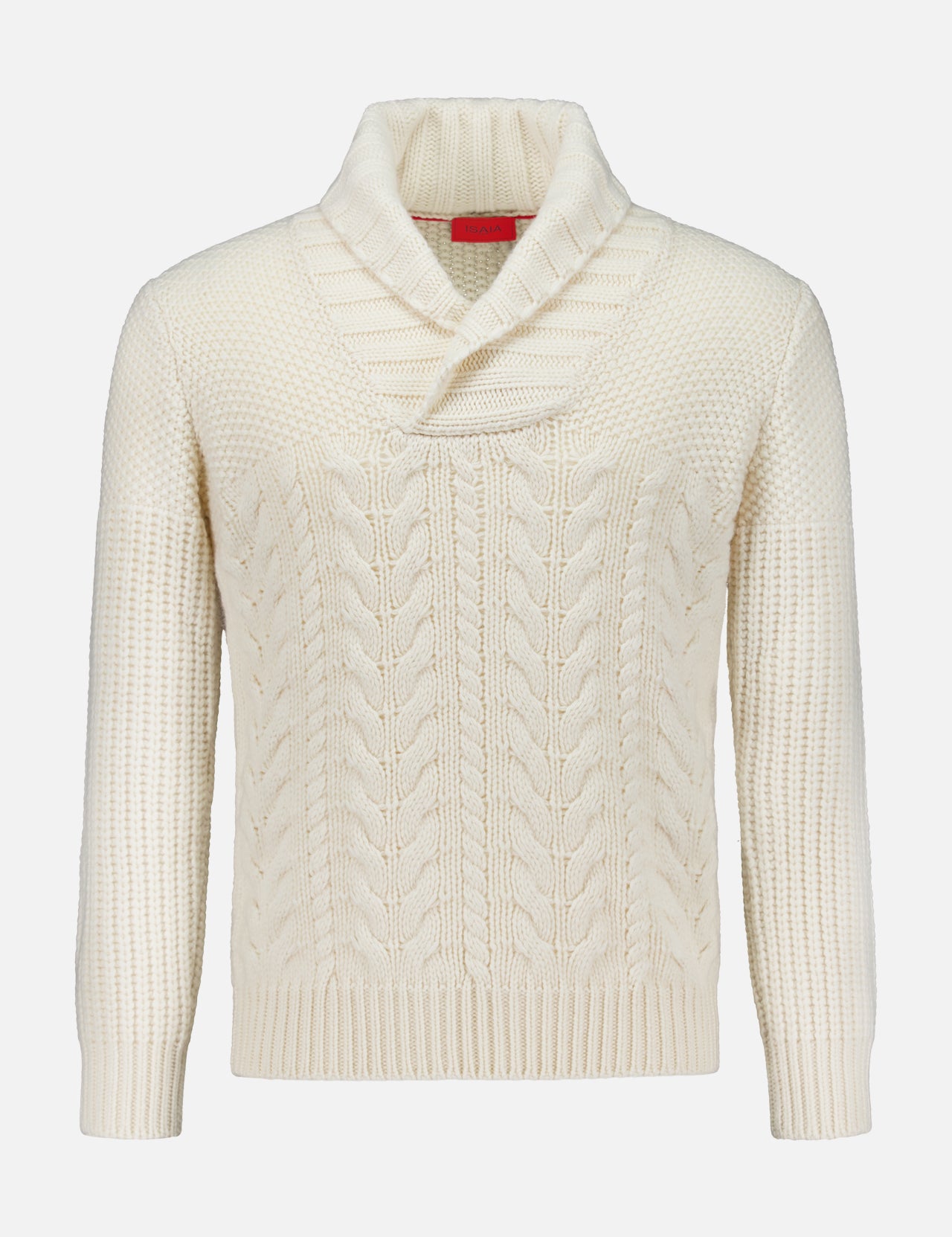 The ISAIA Cashmere Shawl Collar Sweater is a cream-colored, long-sleeve cable knit sweater featuring a cozy shawl collar, ribbed cuffs, and hem. Displayed on a white background, this elegant sweater combines classic style and comfort for any occasion.