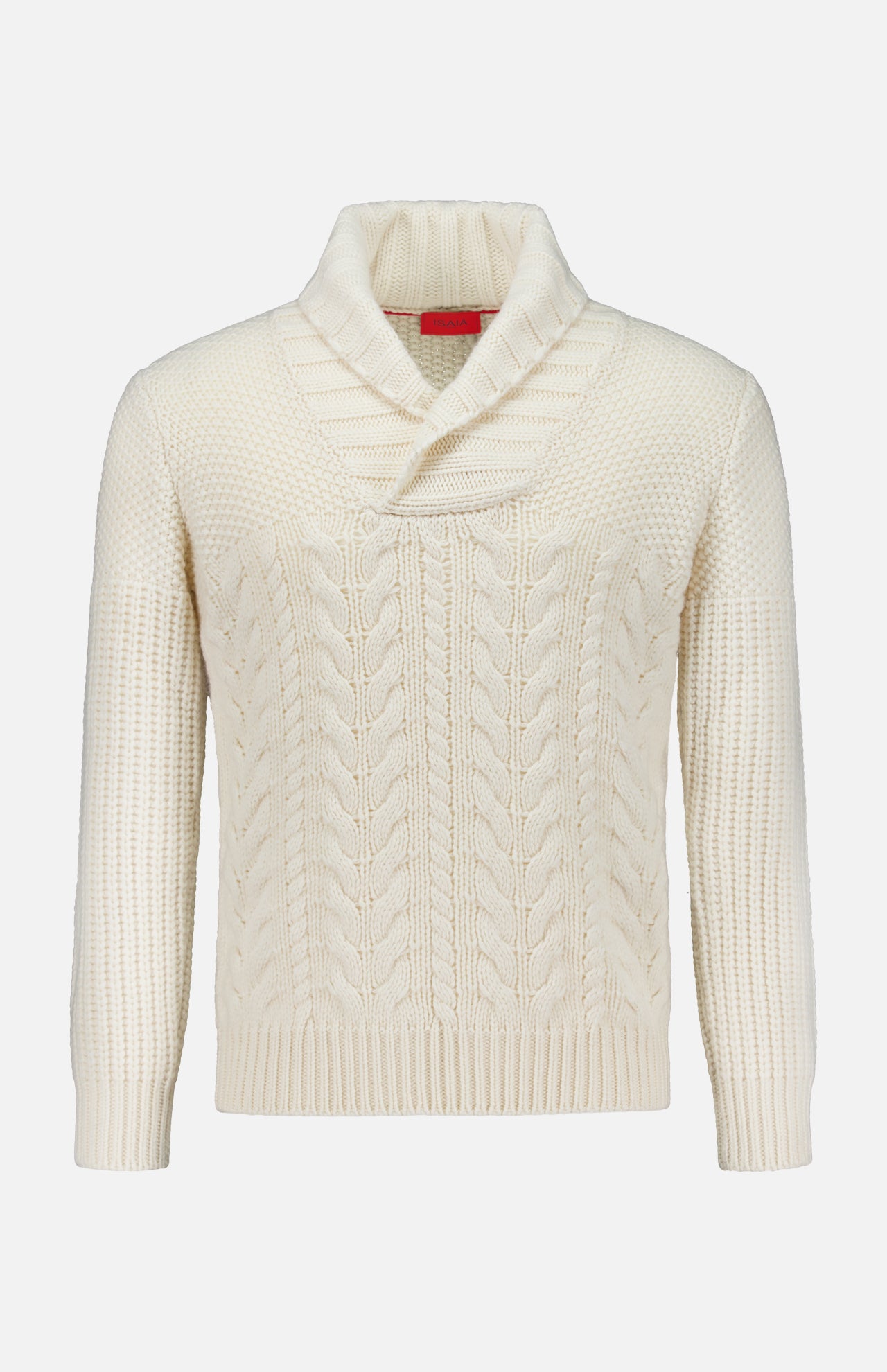 The ISAIA Cashmere Shawl Collar Sweater is a cream-colored, long-sleeve cable knit sweater featuring a cozy shawl collar, ribbed cuffs, and hem. Displayed on a white background, this elegant sweater combines classic style and comfort for any occasion.