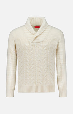 The ISAIA Cashmere Shawl Collar Sweater is a cream-colored, long-sleeve cable knit sweater featuring a cozy shawl collar, ribbed cuffs, and hem. Displayed on a white background, this elegant sweater combines classic style and comfort for any occasion.
