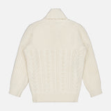 Back view of the ISAIA Cashmere Shawl Collar Sweater in cream, featuring long sleeves, a textured cable knit pattern, ribbed cuffs and hem, and a sophisticated fold-over shawl collar, displayed on a white background.