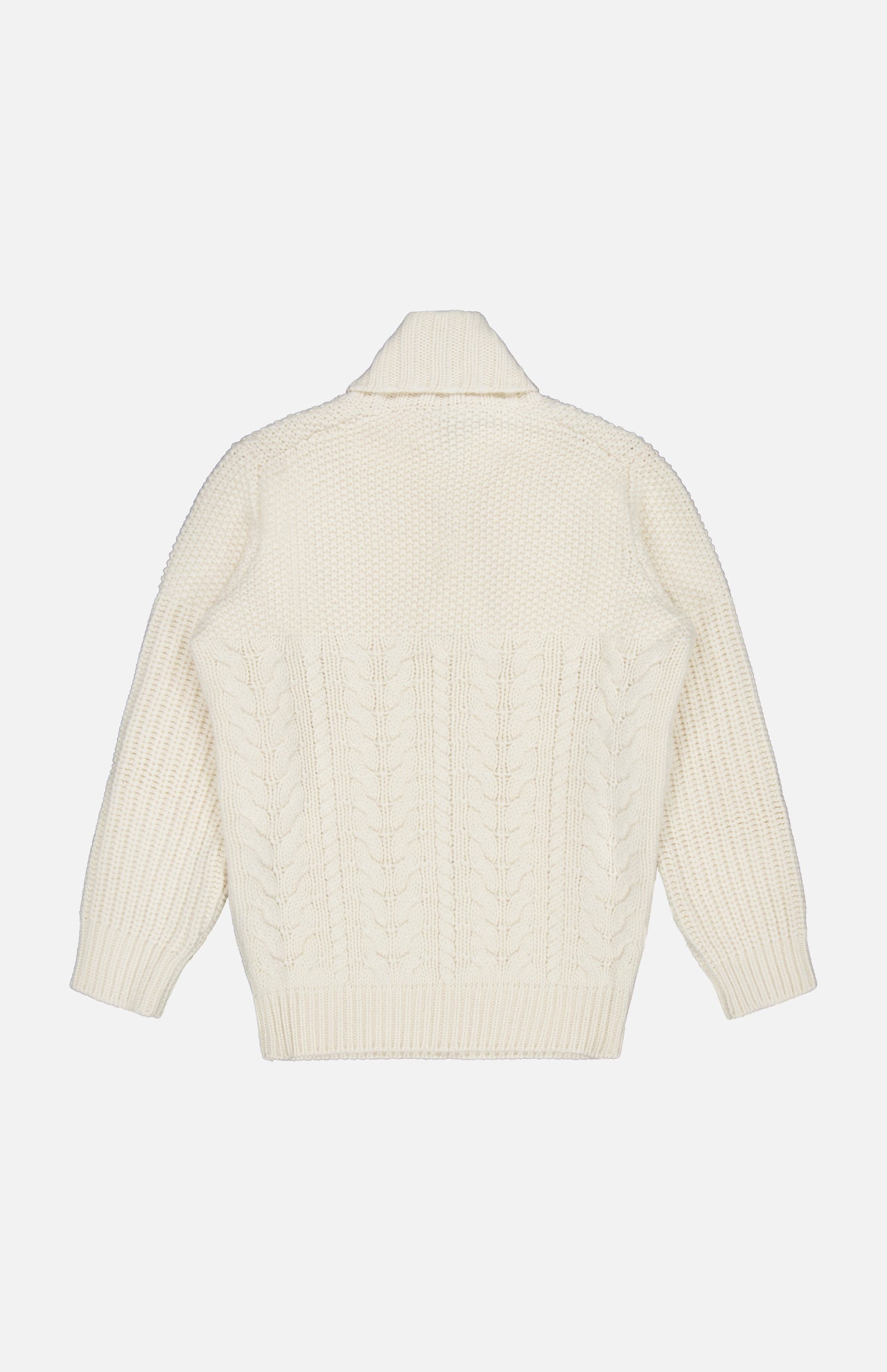Back view of the ISAIA Cashmere Shawl Collar Sweater in cream, featuring long sleeves, a textured cable knit pattern, ribbed cuffs and hem, and a sophisticated fold-over shawl collar, displayed on a white background.