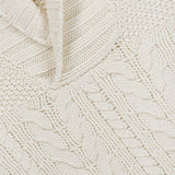 Close-up of the ISAIA Cashmere Shawl Collar Sweater in a cream hue, showcasing a blend of ribbed, cable knit, and textured stitch patterns.