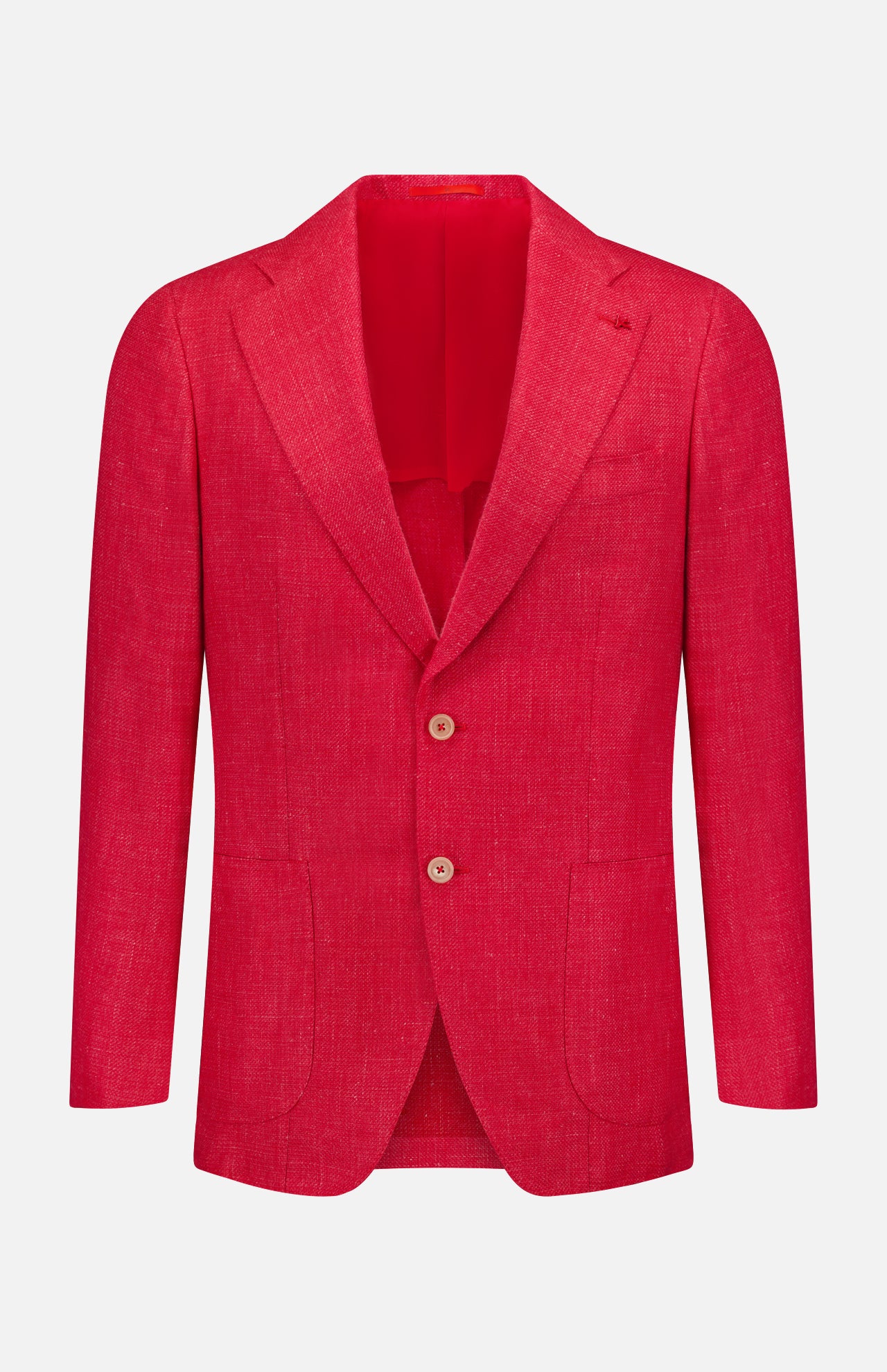 The ISAIA Cashsilk & Linen Sportcoat is a bright red men’s blazer with long sleeves, notched lapels, two front buttons, and two lower patch pockets, shown on a white background—ideal for making a bold statement.