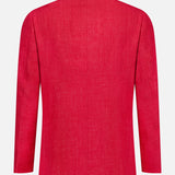 The ISAIA Cashsilk & Linen Sportcoat, in a vibrant red, features long sleeves and a straight hem. Shown from the back, this luxury blazer stands out against a plain white background.