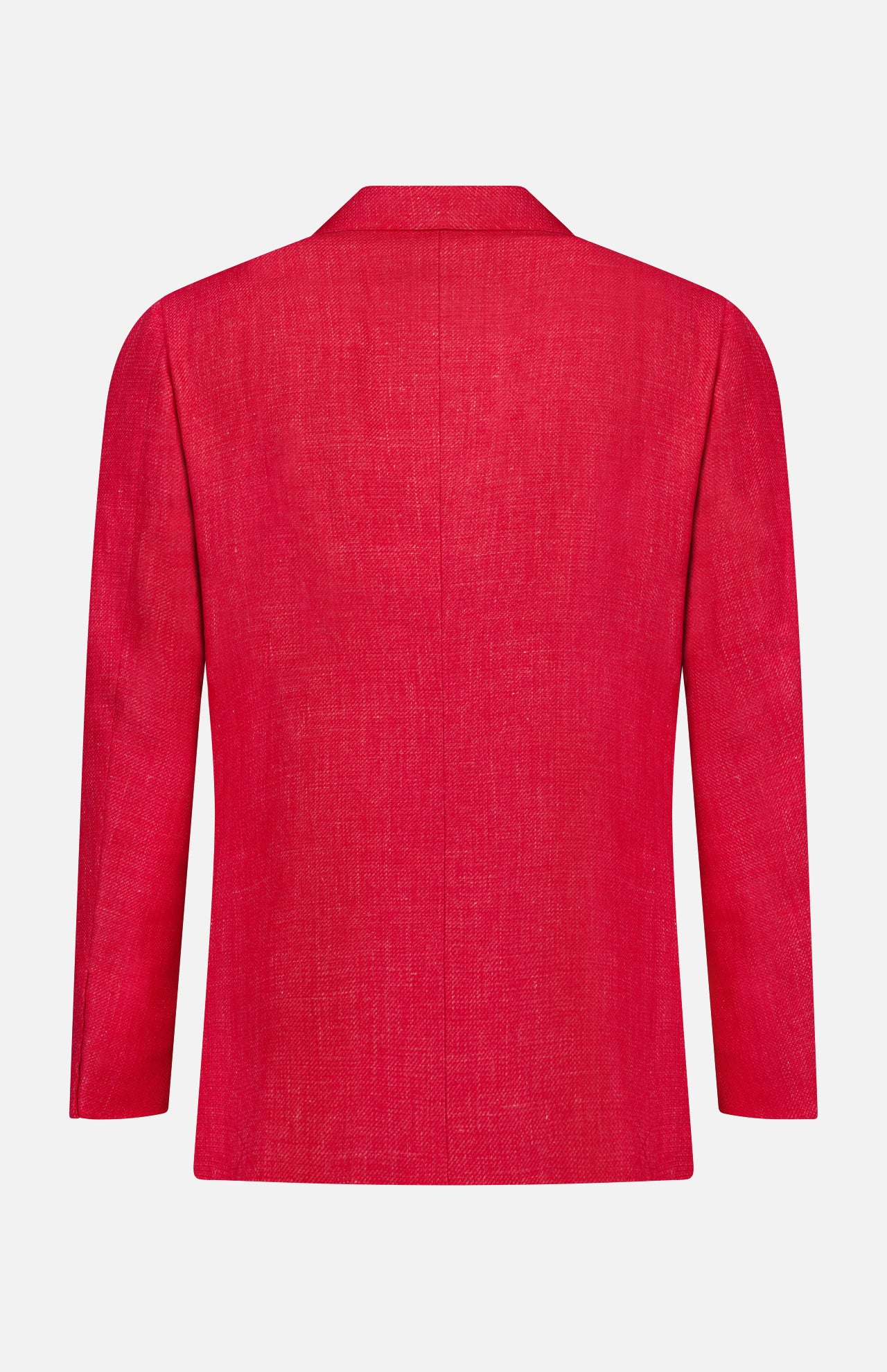 The ISAIA Cashsilk & Linen Sportcoat, in a vibrant red, features long sleeves and a straight hem. Shown from the back, this luxury blazer stands out against a plain white background.