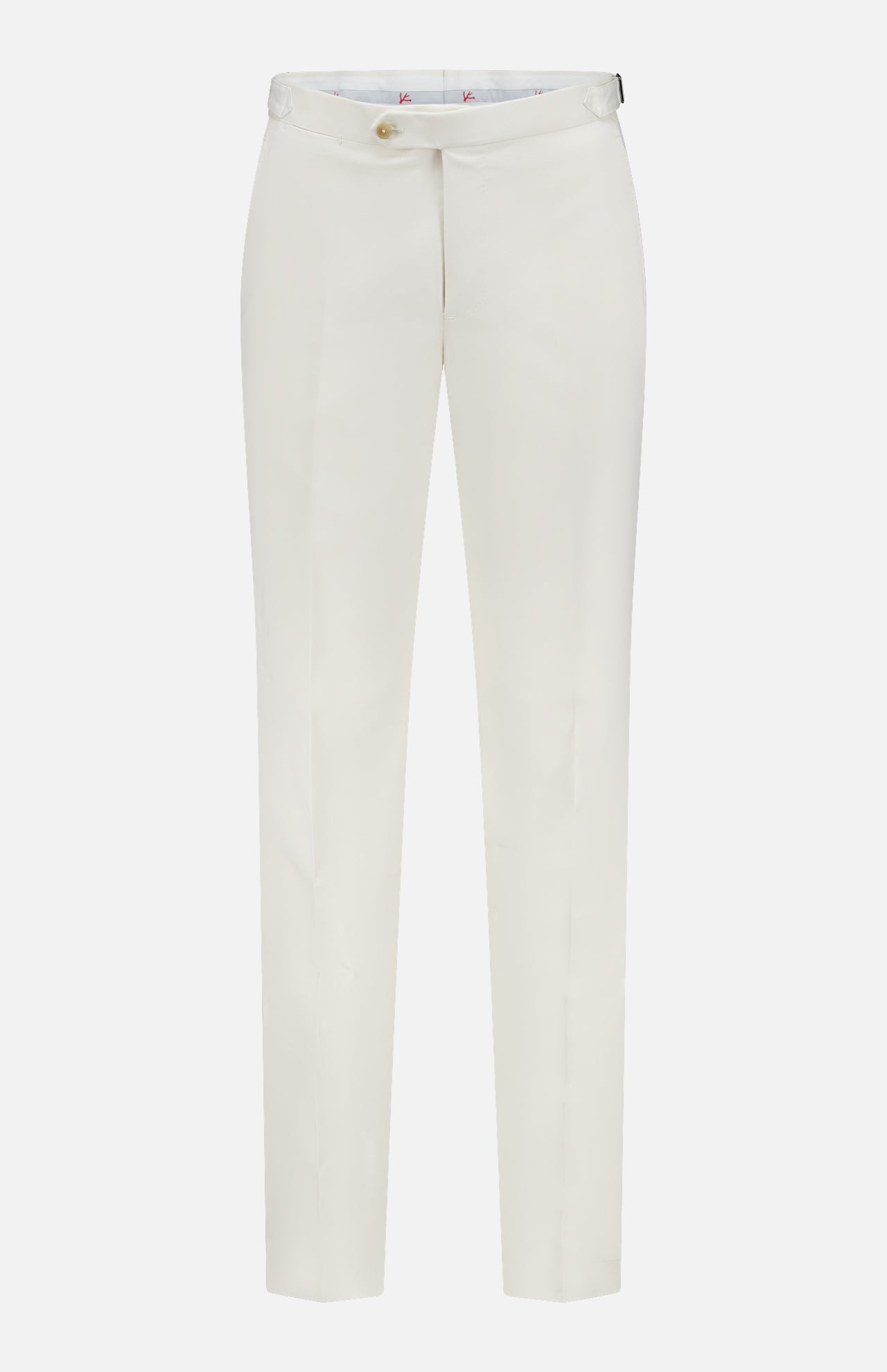 The ISAIA Cotton & Cashmere Comfort Trouser Pant features a button closure, belt loops, and adjustable side tabs in an off-white shade, displayed against a plain background.
