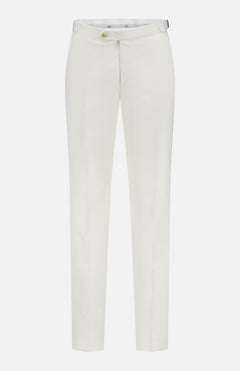 The ISAIA Cotton & Cashmere Comfort Trouser Pant features a button closure, belt loops, and adjustable side tabs in an off-white shade, displayed against a plain background.