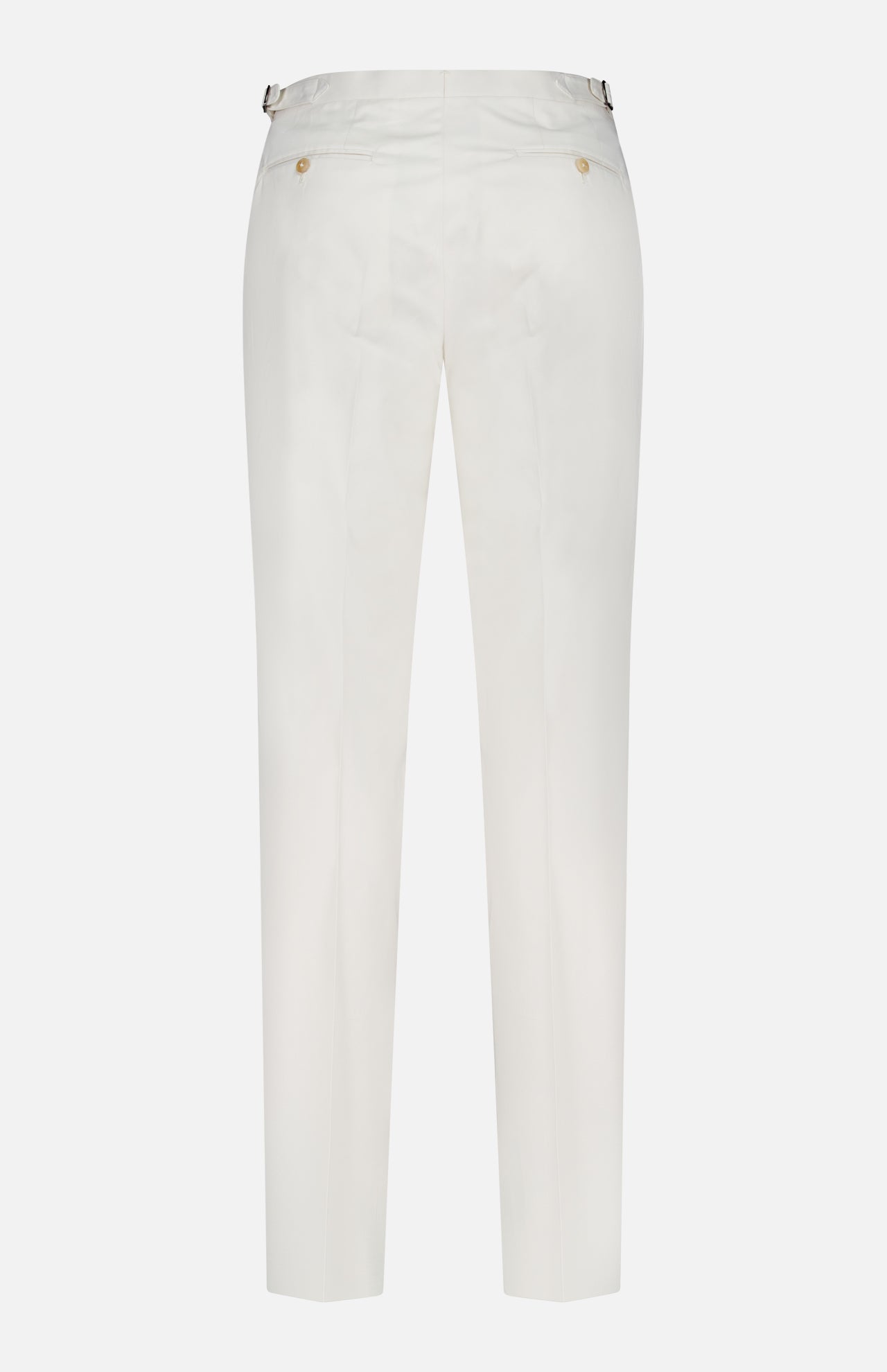 Back view of ISAIA Cotton & Cashmere Comfort Trouser Pant in off-white, showcasing adjustable side tabs and two buttoned back pockets, set against a plain white background.