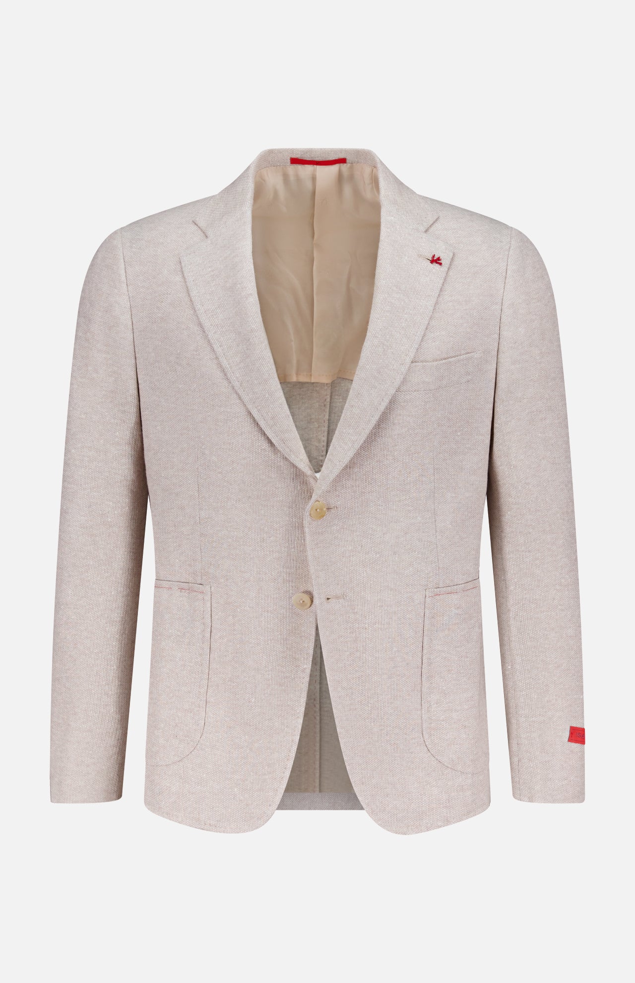 The ISAIA Cotton Linen Jersey Sportcoat is a light beige jacket with notched lapels, two-button closure, patch pockets, beige lining, and small red accents on the left lapel and right cuff. Made in Italy; shown on a plain background.