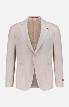 The ISAIA Cotton Linen Jersey Sportcoat is a light beige jacket with notched lapels, two-button closure, patch pockets, beige lining, and small red accents on the left lapel and right cuff. Made in Italy; shown on a plain background.