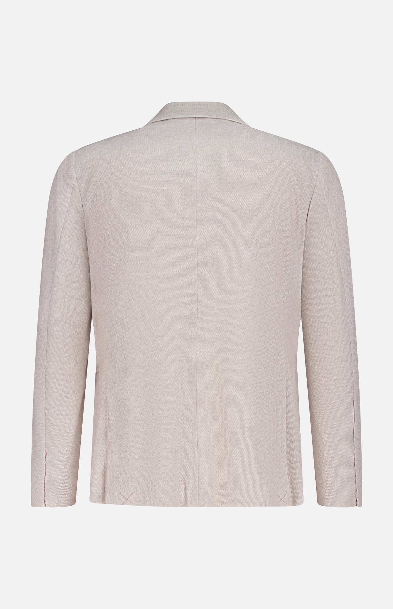 Back view of the ISAIA Cotton Linen Jersey Sportcoat in light beige, featuring long sleeves and a notched collar, displayed against a plain white background.