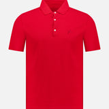 The ISAIA Cotton Piquet Jersey Short Sleeve Polo Shirt features a bright red hue, short sleeves, a collar with three white buttons, and a small embroidered logo on the left chest, shown against a plain white background.