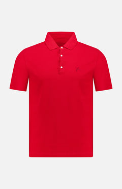 The ISAIA Cotton Piquet Jersey Short Sleeve Polo Shirt features a bright red hue, short sleeves, a collar with three white buttons, and a small embroidered logo on the left chest, shown against a plain white background.