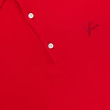 Close-up of the ISAIA Cotton Piquet Jersey Short Sleeve Polo Shirt in red, featuring three white buttons, a dark stitched branch logo on the right, and a red ISAIA label near the collar.