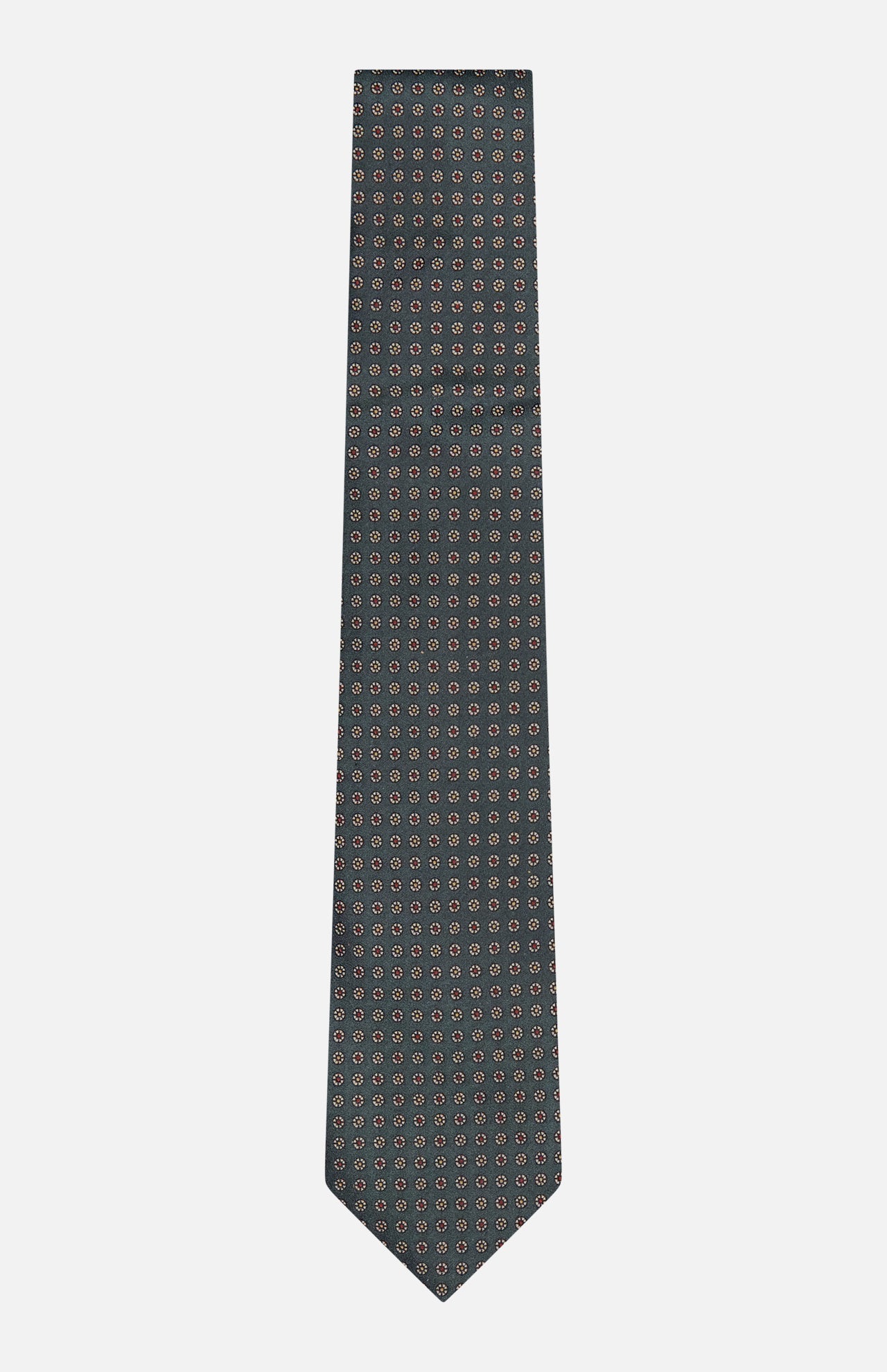 The ISAIA Dot Pattern Tie is a gray silk necktie featuring a repeating micro floral design in red and white circles, showcased against a plain white background.