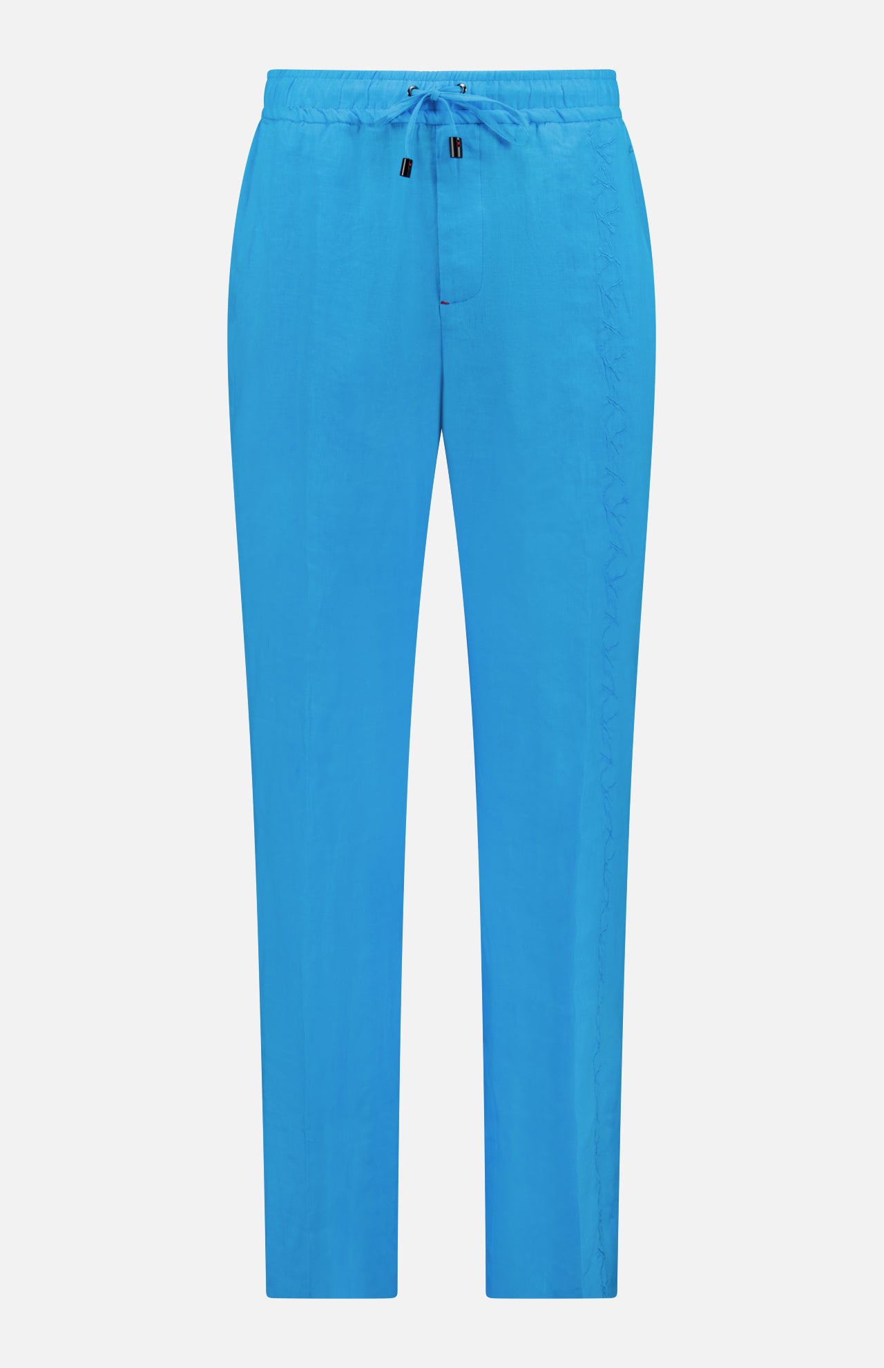 ISAIA Drawstring Wide Leg Linen Corallo Trouser Pant in bright blue, featuring a relaxed vacation fit, straight legs, and subtle seam detailing, shown against a white background.