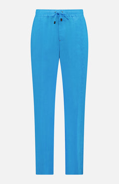 ISAIA Drawstring Wide Leg Linen Corallo Trouser Pant in bright blue, featuring a relaxed vacation fit, straight legs, and subtle seam detailing, shown against a white background.