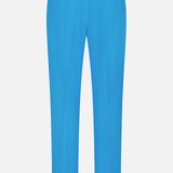 ISAIA’s Drawstring Wide Leg Linen Corallo Trouser Pant in bright blue features an elastic waistband, two back button pockets, and a relaxed straight-leg fit—perfect for vacation style with a clean, pattern-free look.