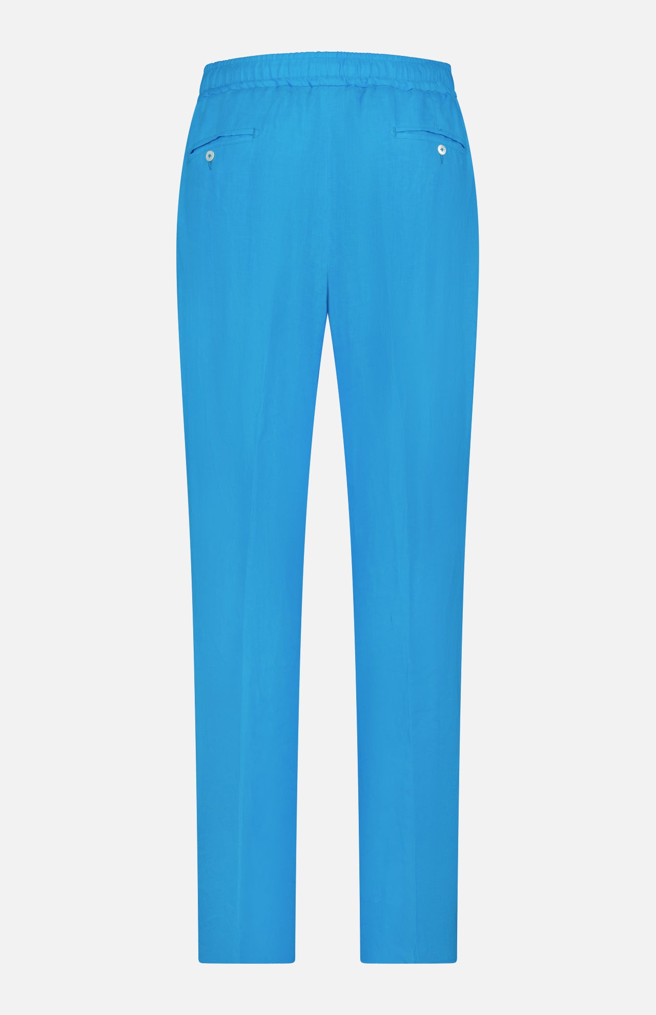 ISAIA’s Drawstring Wide Leg Linen Corallo Trouser Pant in bright blue features an elastic waistband, two back button pockets, and a relaxed straight-leg fit—perfect for vacation style with a clean, pattern-free look.