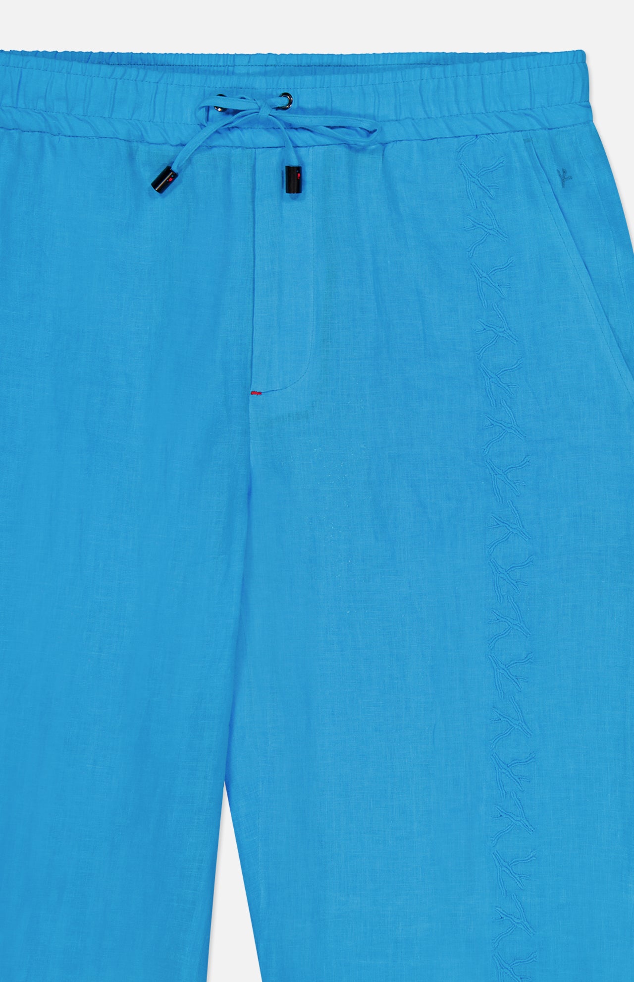 The ISAIA Drawstring Wide Leg Linen Corallo Trouser Pant features side pockets and decorative outer seam stitching, shown from waist to mid-leg—ideal for a breezy vacation look.