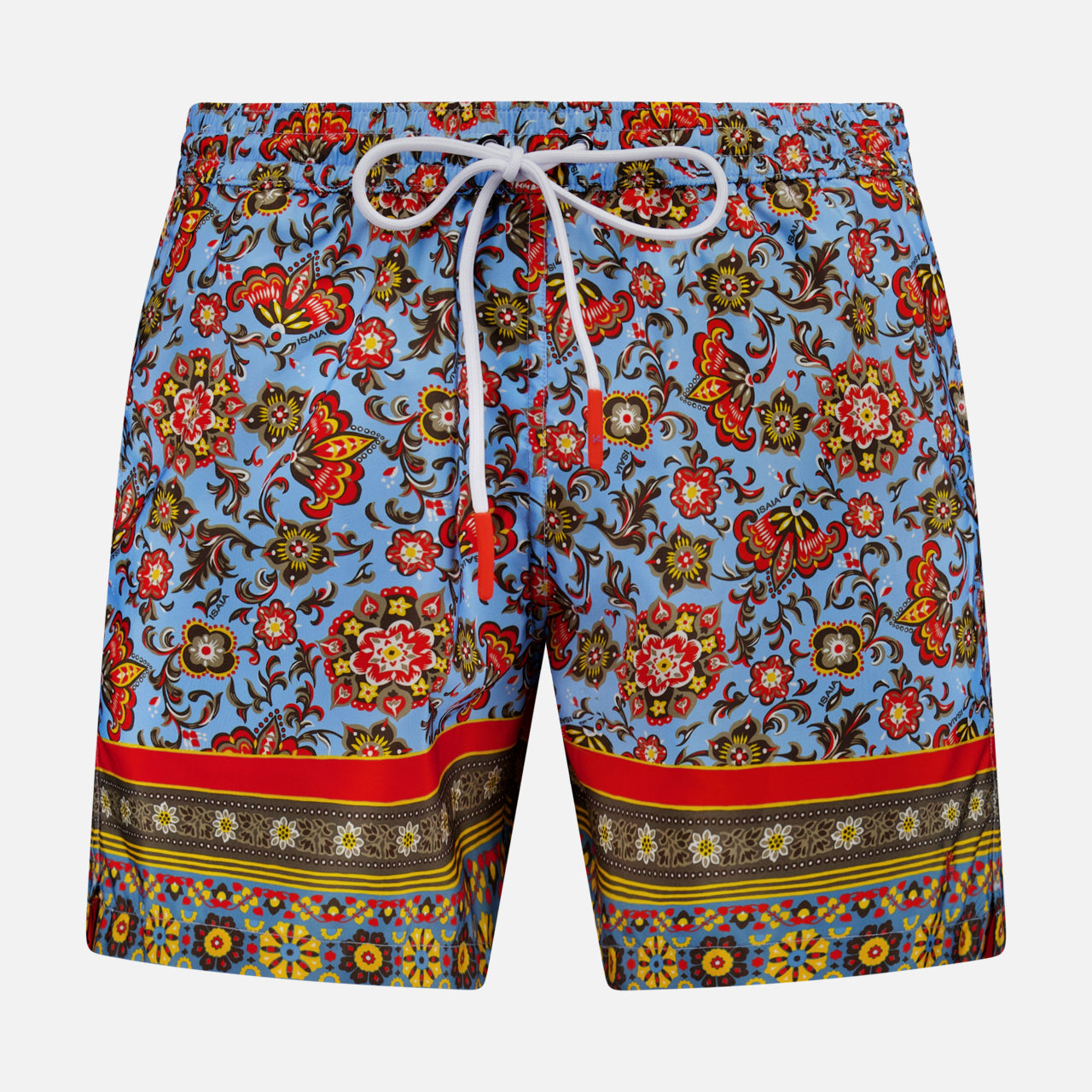 ISAIA's Drawstring Printed Swim Trunk features a vibrant floral and paisley print on light blue, white drawstring waistband, and multicolored bands at the hem—perfect for standout men's beach style.