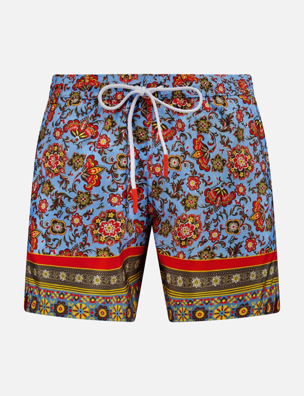 ISAIA's Drawstring Printed Swim Trunk features a vibrant floral and paisley print on light blue, white drawstring waistband, and multicolored bands at the hem—perfect for standout men's beach style.