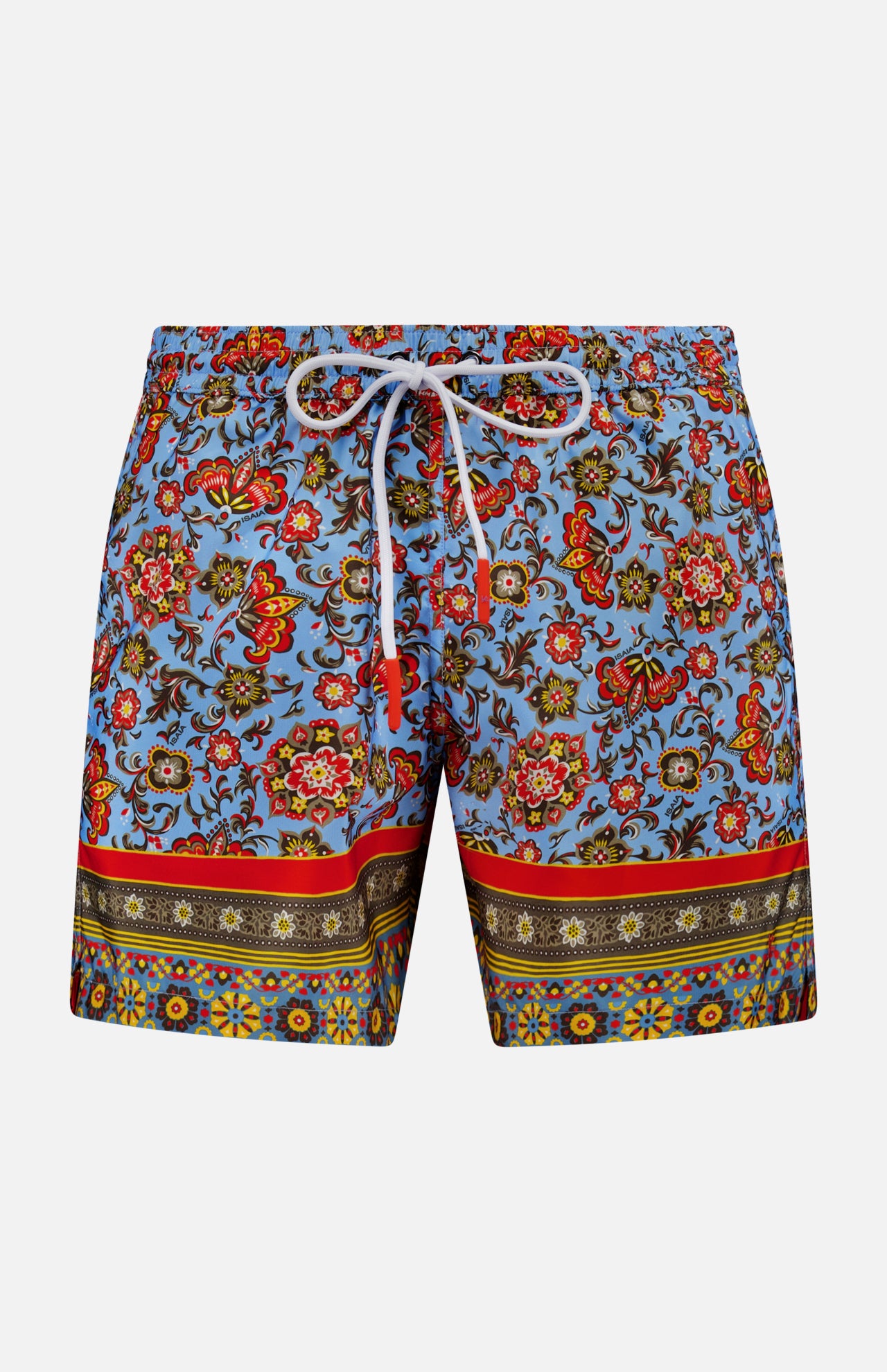 ISAIA's Drawstring Printed Swim Trunk features a vibrant floral and paisley print on light blue, white drawstring waistband, and multicolored bands at the hem—perfect for standout men's beach style.