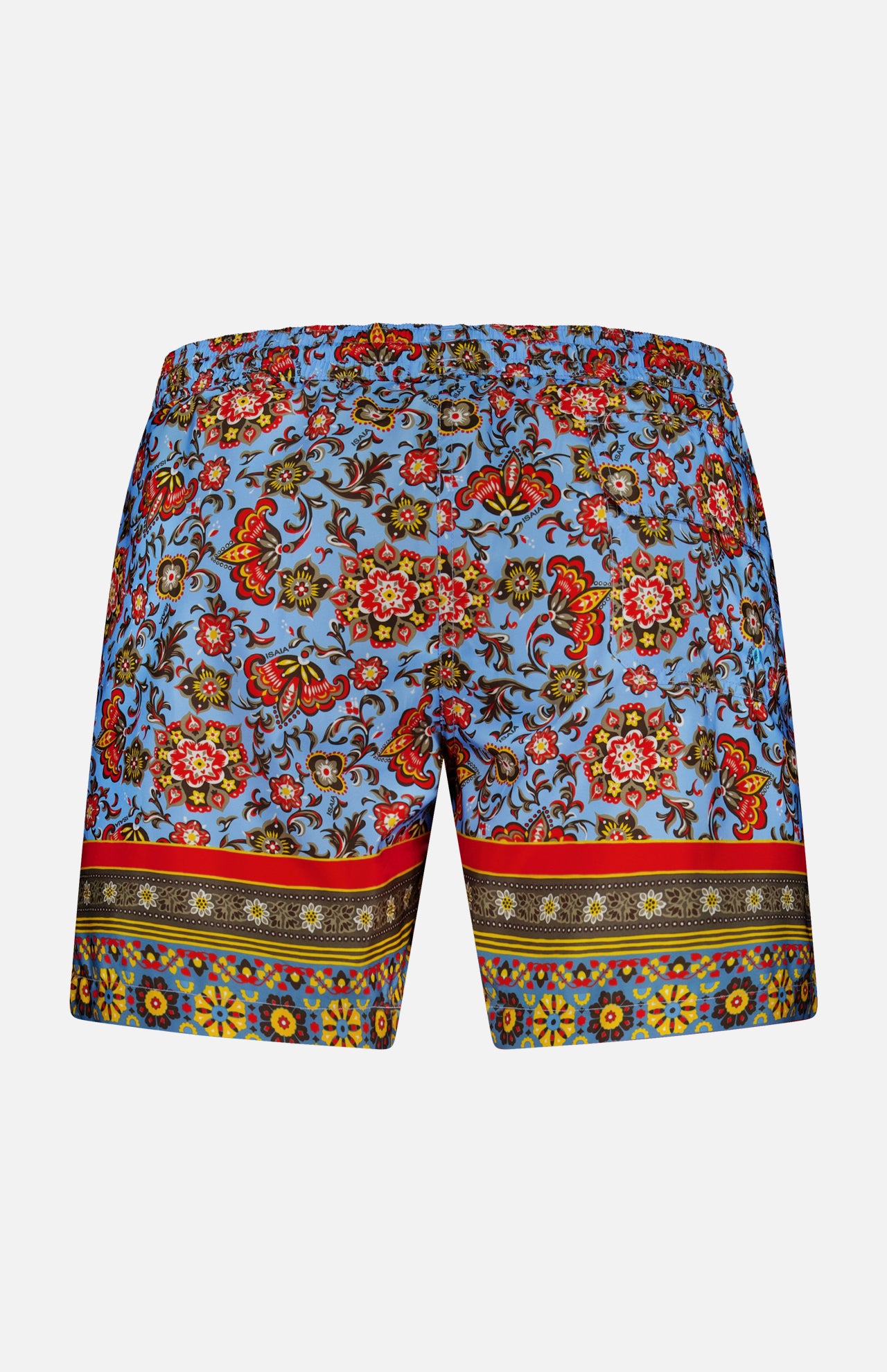 The ISAIA Drawstring Printed Swim Trunk features a blue base with vivid red, yellow, and green floral and paisley prints, plus ornate geometric borders—ideal for stylish beachwear.
