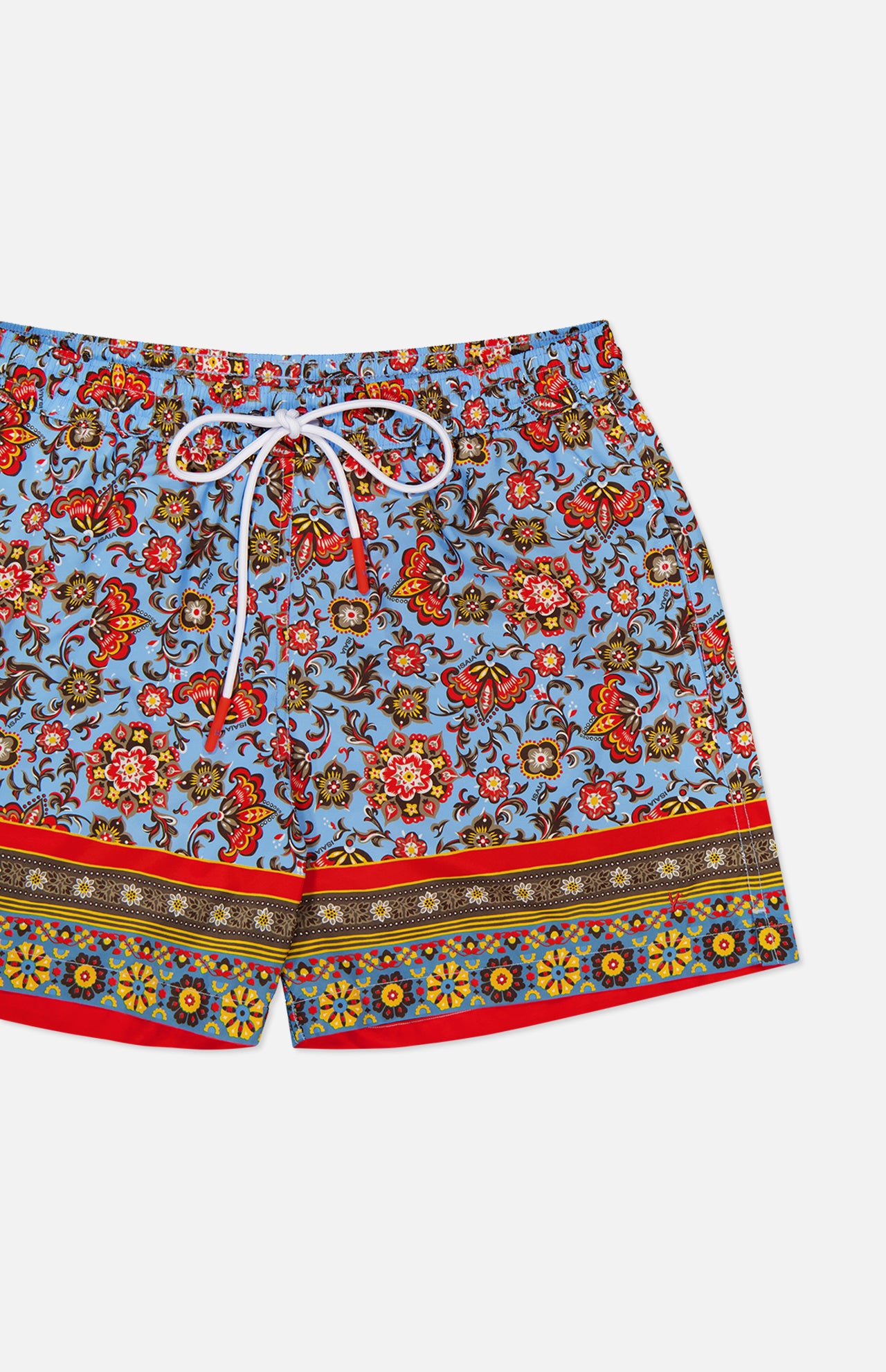 ISAIA Drawstring Printed Swim Trunk: men's swimwear with a vibrant floral and paisley print on light blue, drawstring waistband, and red, yellow, and blue decorative borders—ideal for stylish beachwear.