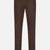 Back view of the ISAIA Dynamic Comfort Casalnuovo Trouser Pant in dark brown, inspired by classic Neapolitan tailoring, featuring buttoned back pockets and adjustable side tabs, displayed on a white background. Expertly crafted in Italy.