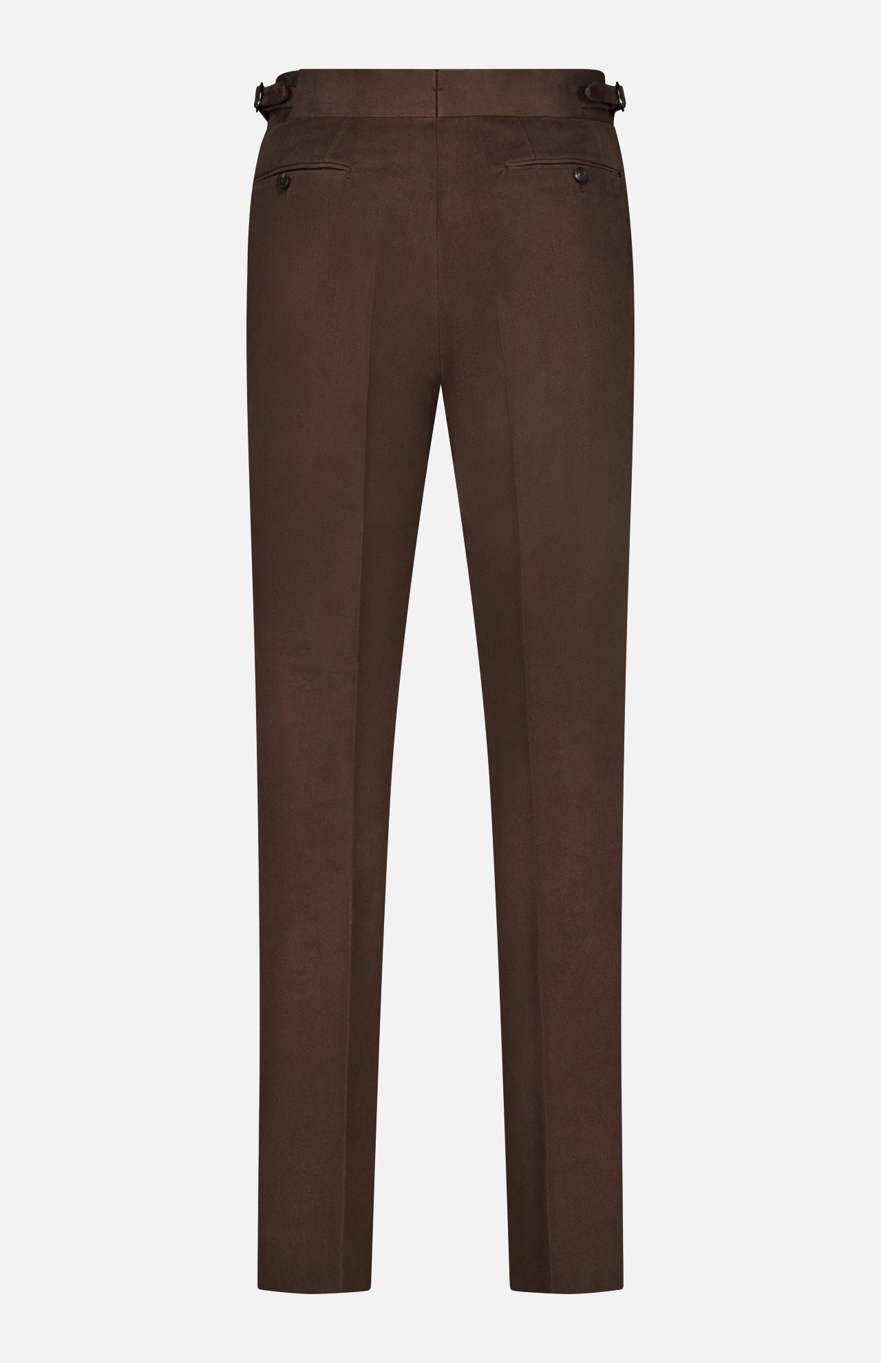 Back view of the ISAIA Dynamic Comfort Casalnuovo Trouser Pant in dark brown, inspired by classic Neapolitan tailoring, featuring buttoned back pockets and adjustable side tabs, displayed on a white background. Expertly crafted in Italy.