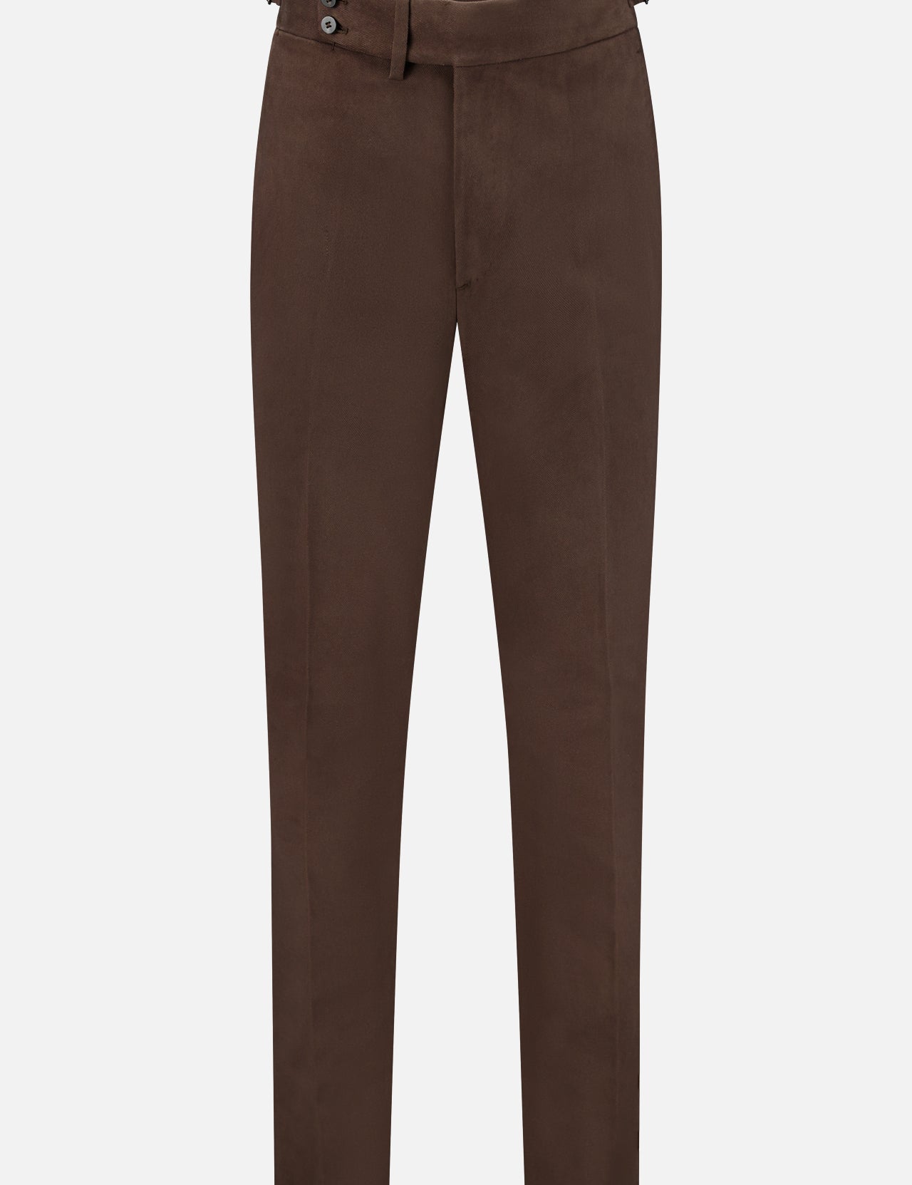 The Dynamic Comfort Casalnuovo Trouser Pant by ISAIA features a dark brown Neapolitan tailored design with a tapered leg, front crease, side buckles, button closure, and belt loops. Expertly crafted in Italy, the trousers are showcased against a plain white background.