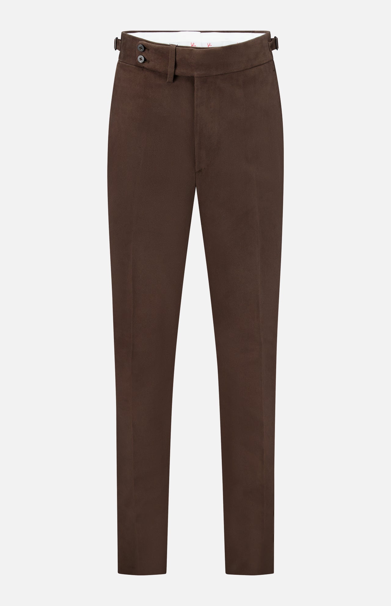 The Dynamic Comfort Casalnuovo Trouser Pant by ISAIA features a dark brown Neapolitan tailored design with a tapered leg, front crease, side buckles, button closure, and belt loops. Expertly crafted in Italy, the trousers are showcased against a plain white background.