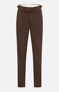 The Dynamic Comfort Casalnuovo Trouser Pant by ISAIA features a dark brown Neapolitan tailored design with a tapered leg, front crease, side buckles, button closure, and belt loops. Expertly crafted in Italy, the trousers are showcased against a plain white background.