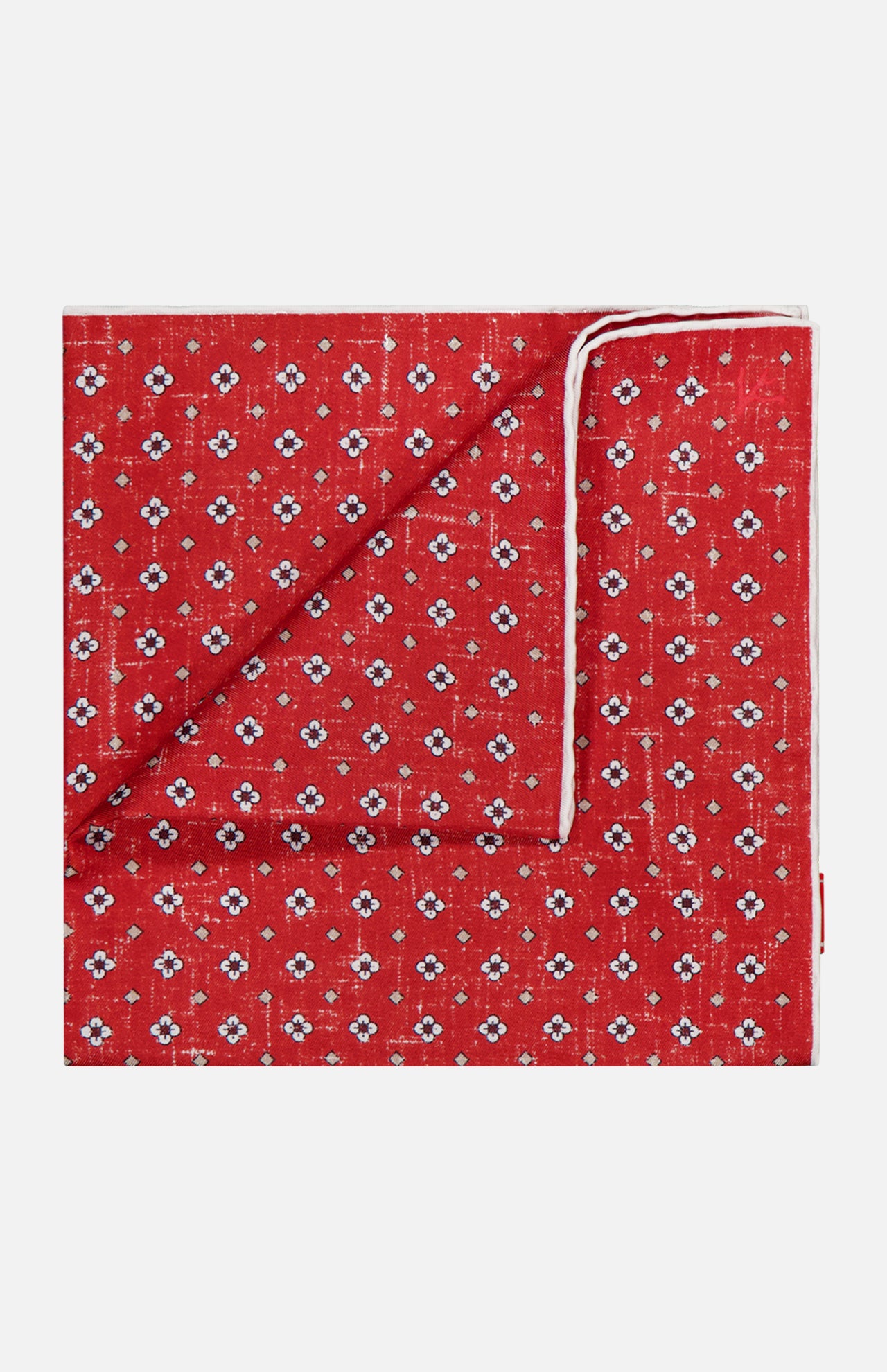 The ISAIA Floral Print Pocket Square, crafted in Italy, showcases a red silk design with a small white and blue floral pattern and displays both its stylish front and the white-edged reverse when folded.