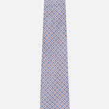 The ISAIA Floral Print Silk Tie is blue with a repeating pattern of small white and orange geometric shapes, shown on a plain white background.