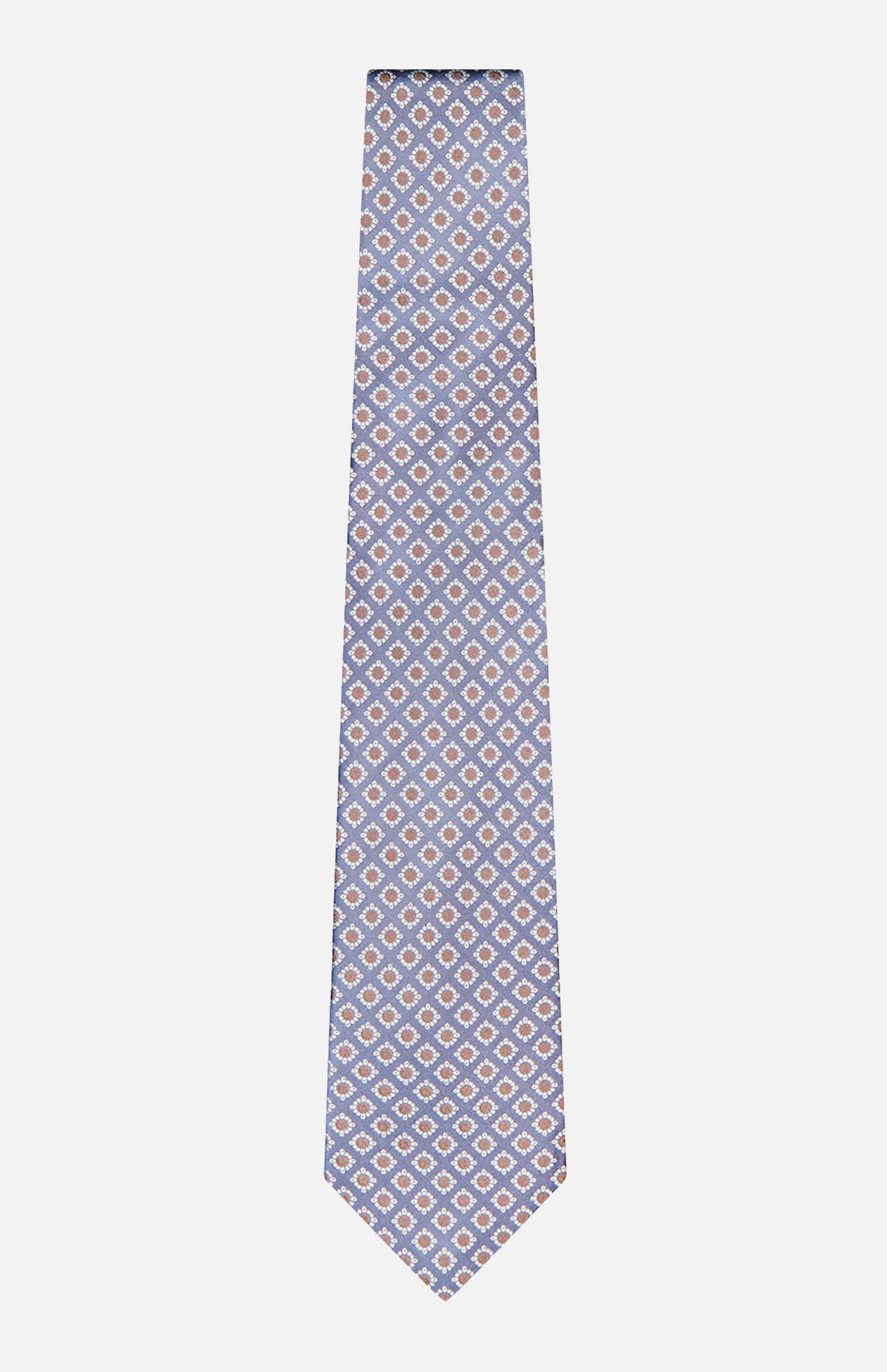 The ISAIA Floral Print Silk Tie is blue with a repeating pattern of small white and orange geometric shapes, shown on a plain white background.