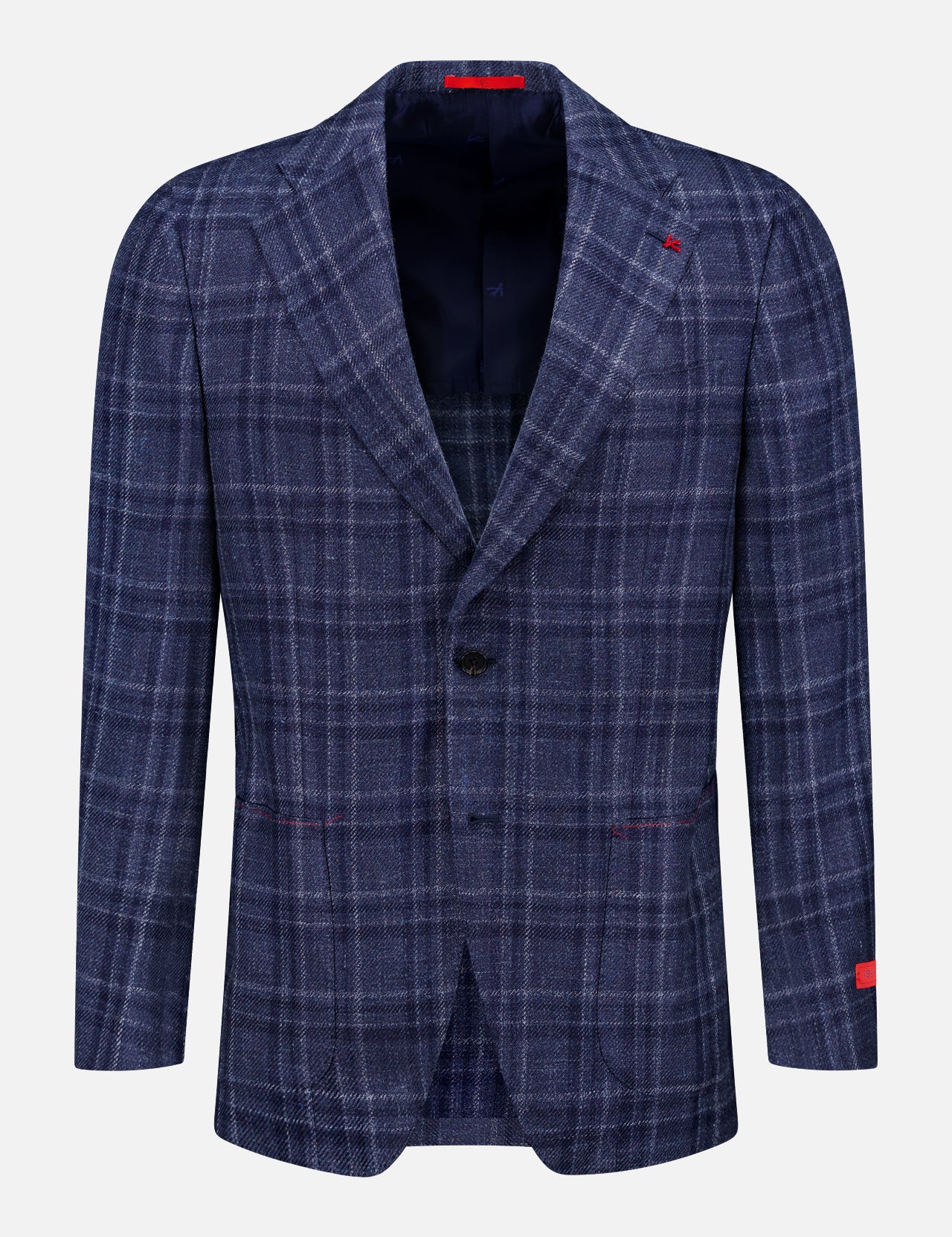 The ISAIA Galles Over Check Rustic Sportcoat, a navy plaid wool-silk-linen blazer made in Italy, features a two-button front, notched lapels, and red stitching accents on the lapel and sleeve, shown against a white background.