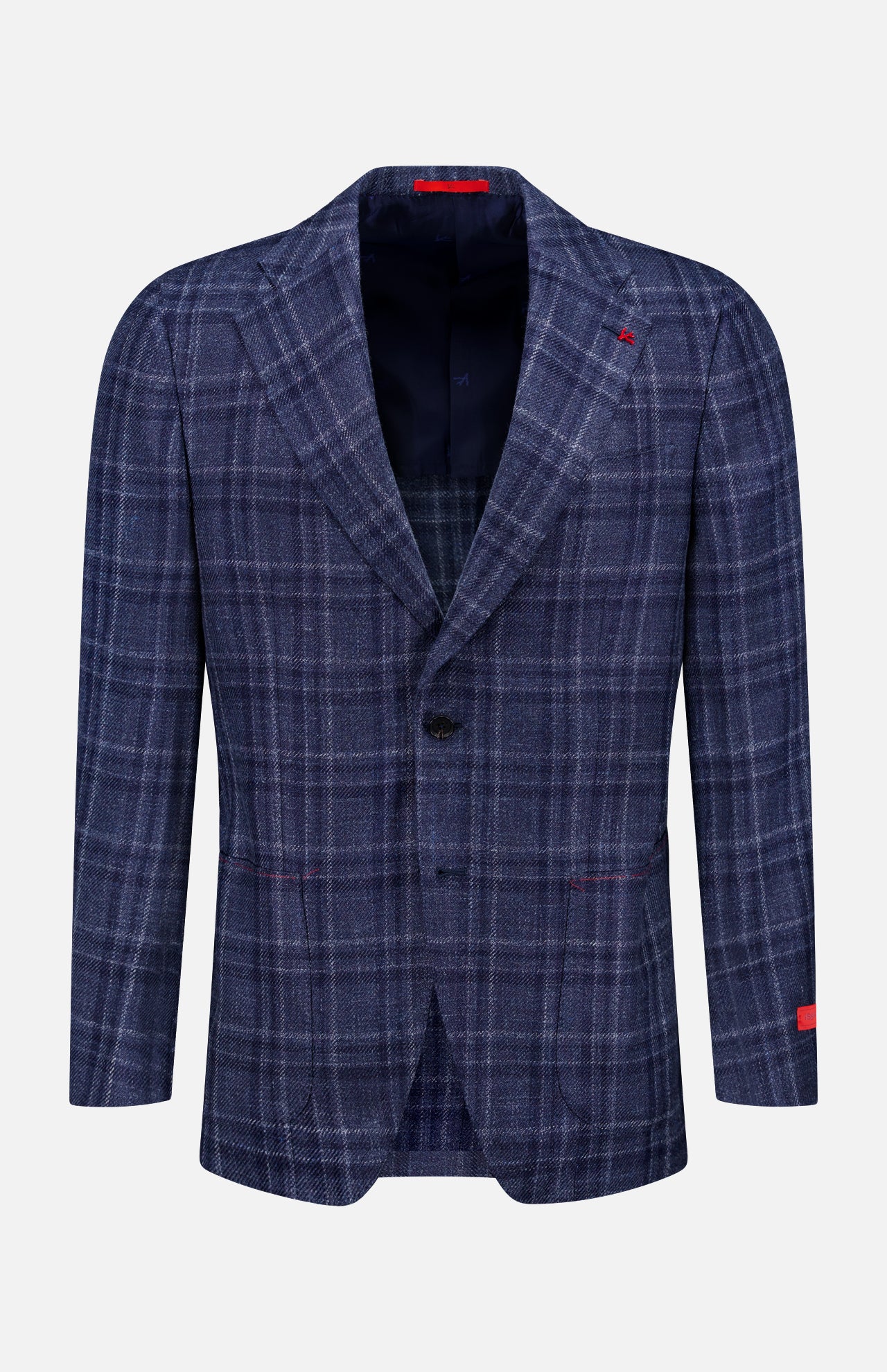 The ISAIA Galles Over Check Rustic Sportcoat, a navy plaid wool-silk-linen blazer made in Italy, features a two-button front, notched lapels, and red stitching accents on the lapel and sleeve, shown against a white background.