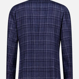 The ISAIA Galles Over Check Rustic Sportcoat is a navy wool-silk-linen blazer with a subtle white plaid, shown from the back. This tailored, Italian-made jacket has long sleeves and a refined fit against a plain light background.