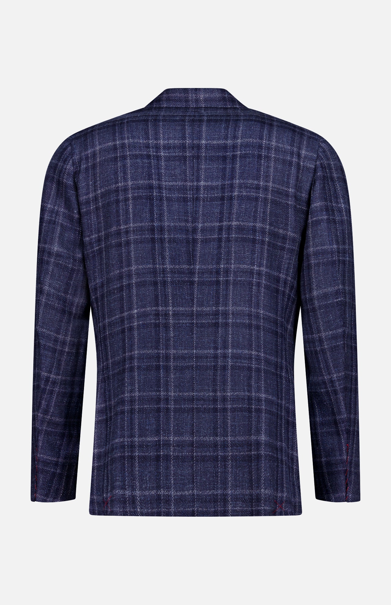 The ISAIA Galles Over Check Rustic Sportcoat is a navy wool-silk-linen blazer with a subtle white plaid, shown from the back. This tailored, Italian-made jacket has long sleeves and a refined fit against a plain light background.