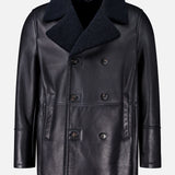 Isaia Leather Sherpa Double Breasted Peacoat in black lamb leather with a dark navy sherpa collar.