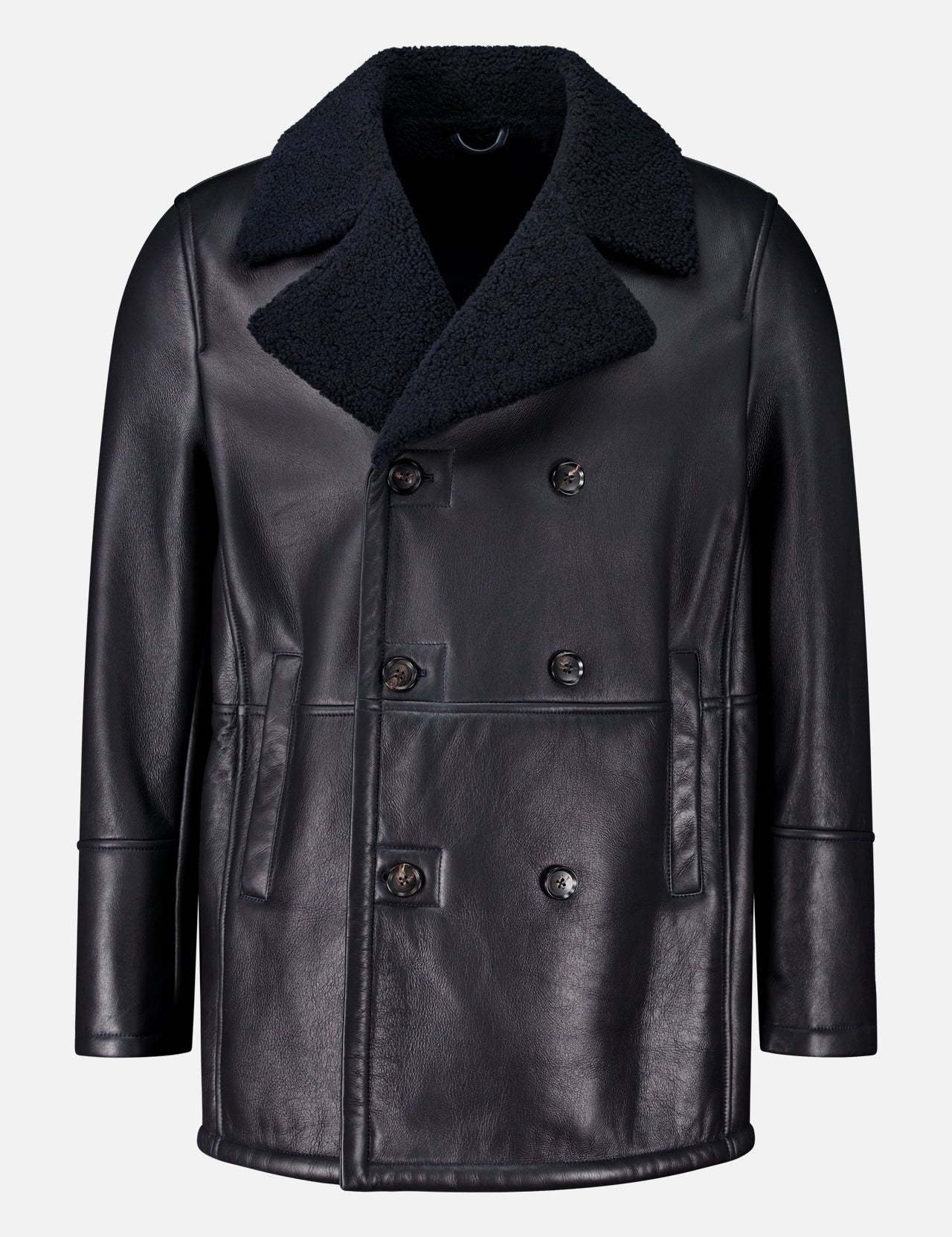 Isaia Leather Sherpa Double Breasted Peacoat in black lamb leather with a dark navy sherpa collar.