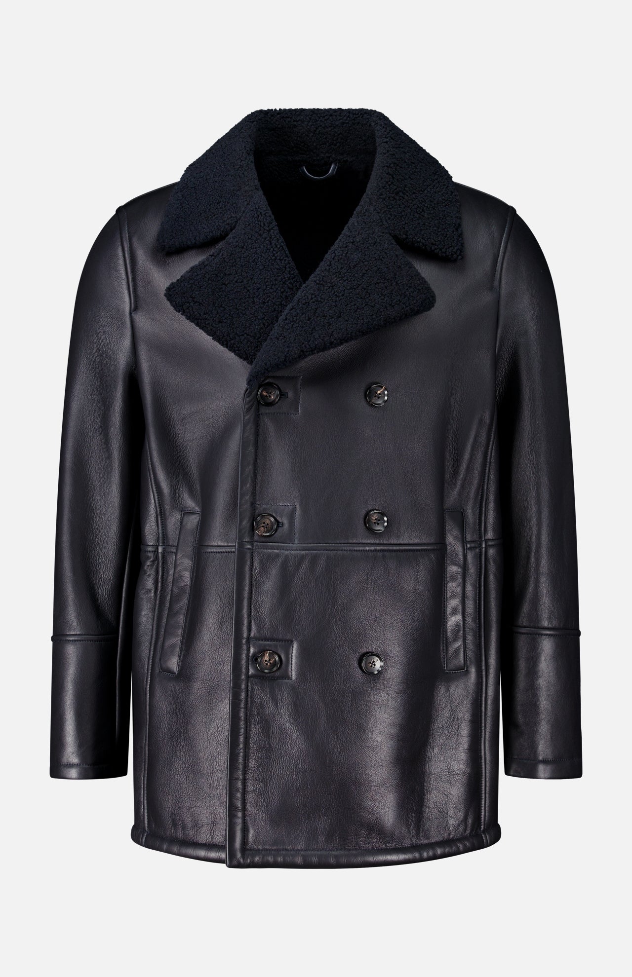 Isaia Leather Sherpa Double Breasted Peacoat in black lamb leather with a dark navy sherpa collar.