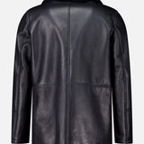 Back view of an Isaia Leather Sherpa Double Breasted Peacoat in black leather with a dark sherpa collar.