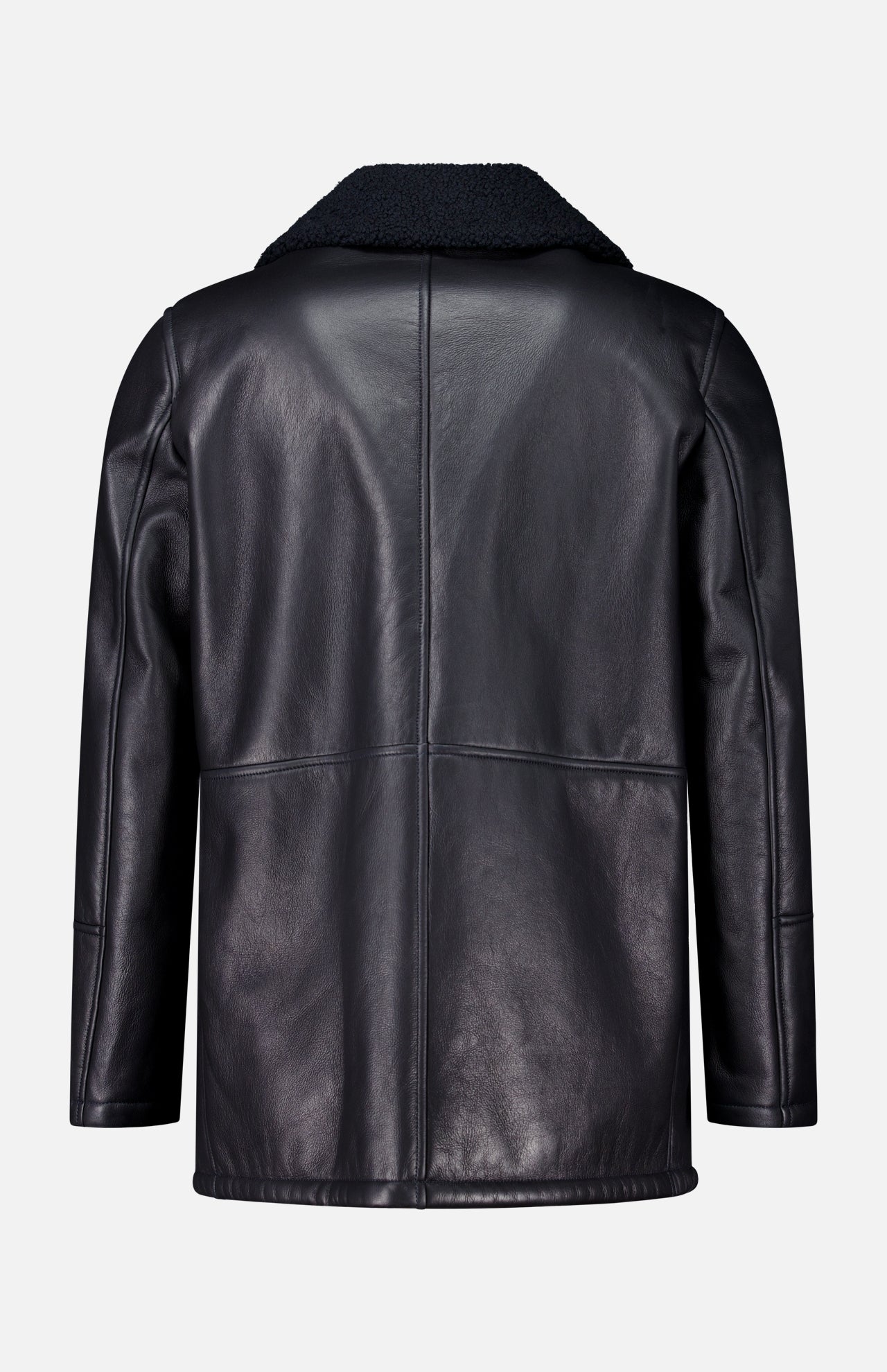 Back view of an Isaia Leather Sherpa Double Breasted Peacoat in black leather with a dark sherpa collar.