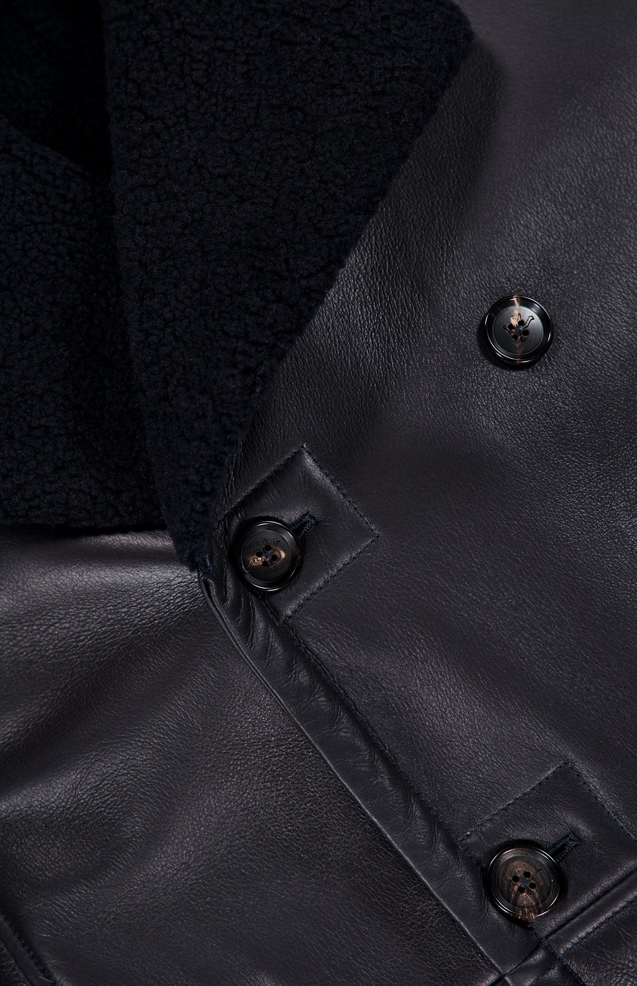 Close-up of an Isaia Leather Sherpa Double Breasted Peacoat, featuring a double-breasted black leather design with a dark sherpa collar and three visible buttons.